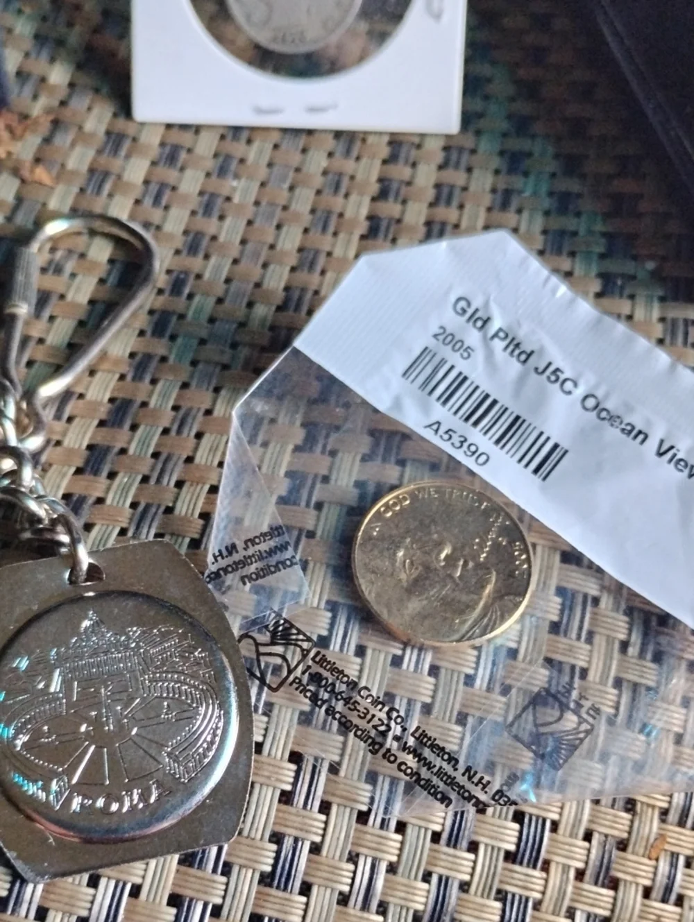 Silver Tone Religious Keychain with Coin Accent - Silver Barber Dime& Sealed Gol